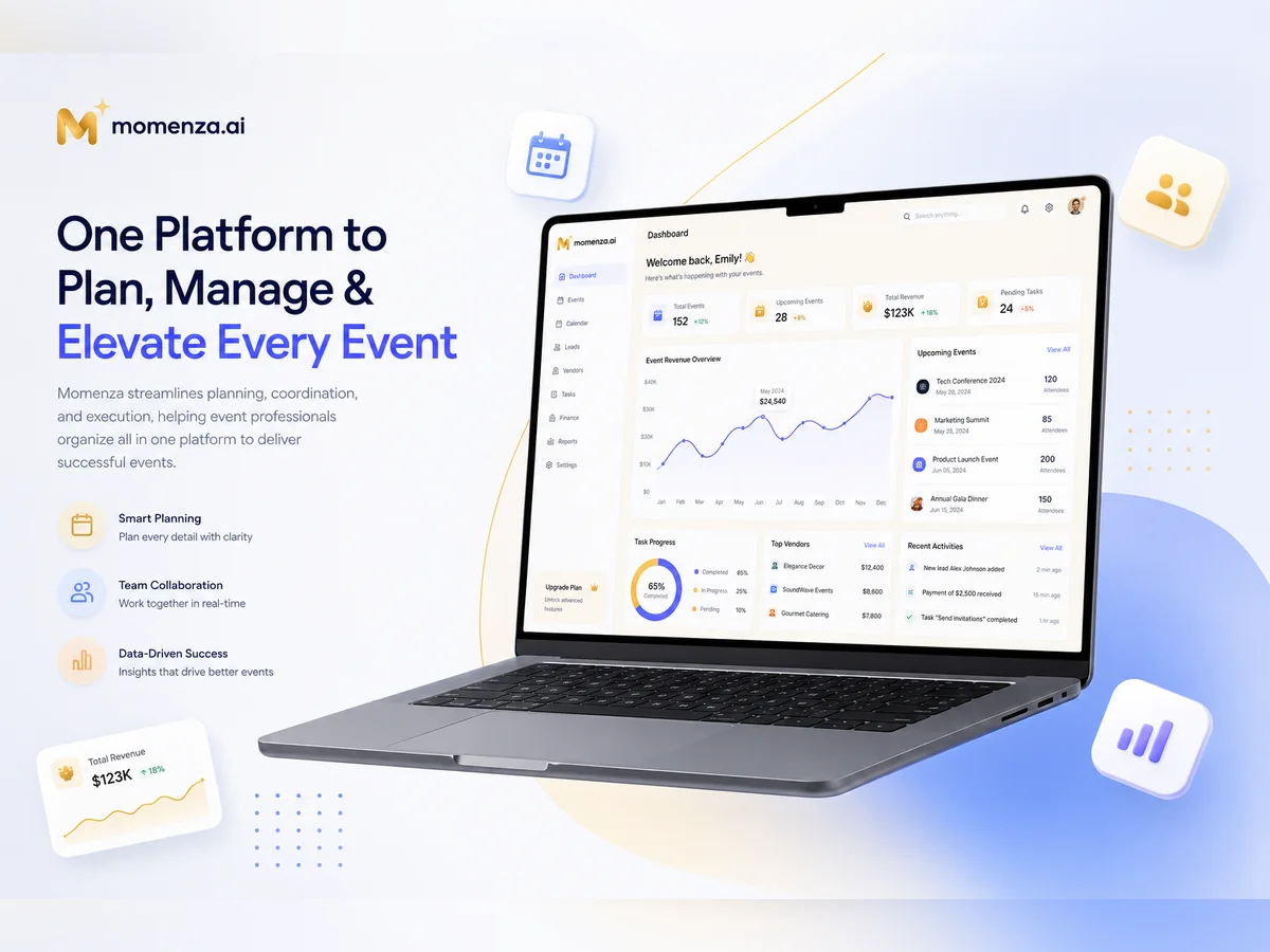 Momenza dashboard showing event revenue, upcoming events and vendor tracking