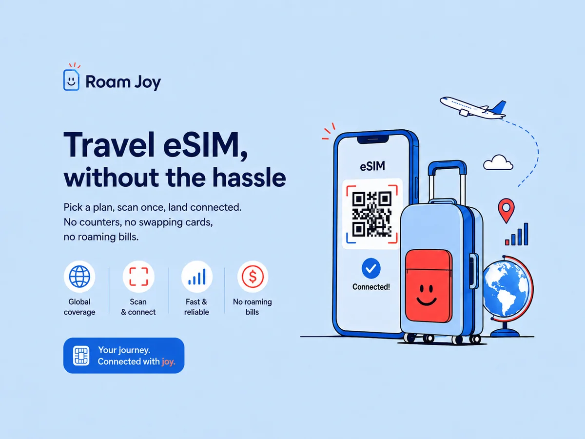 RoamJoy eSIM activation screen with a scan-to-connect QR code