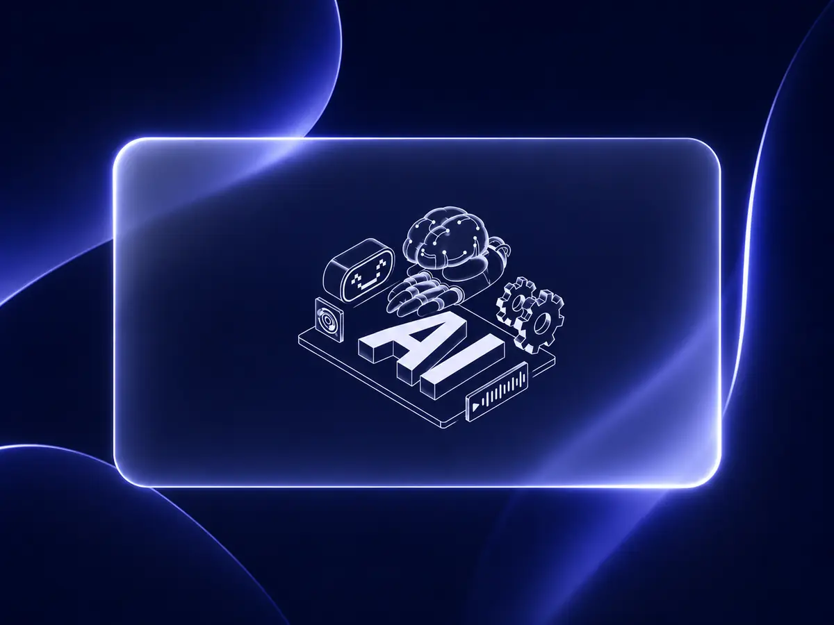 Isometric AI hardware and neural motifs rendered on a lit glass panel
