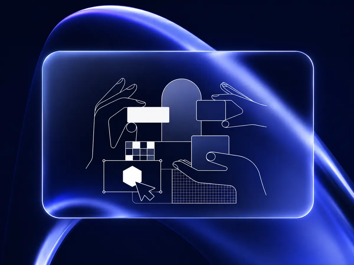 Line-art composition of hands arranging brand assets on a lit glass panel